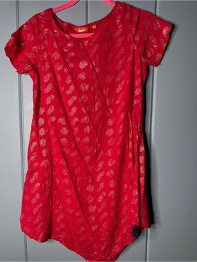 Bright Hot Pink Short-Sleeve Jersey Top with Metallic Dot Pattern Cover Up?